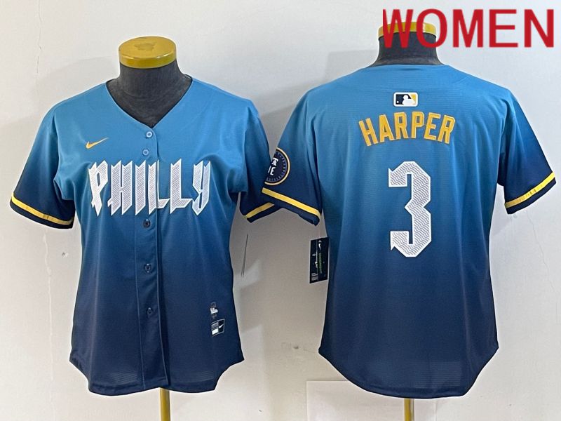 Women Philadelphia Phillies #3 Bryce Harper Nike Blue 2024 City Connect Limited Player Jersey style 3->women mlb jersey->Women Jersey